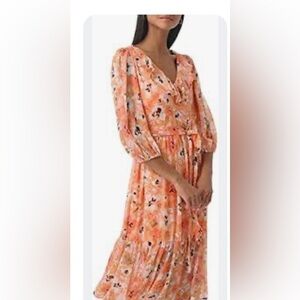 Karl Lagerfeld Peach Floral Long-Sleeve Midi Dress